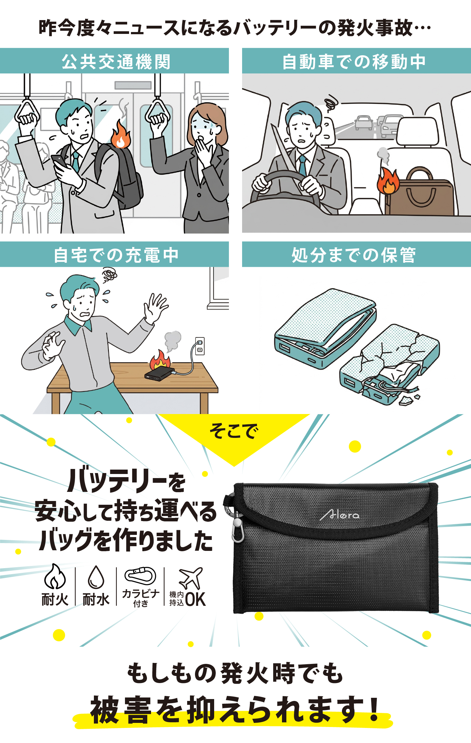 昨今度々ニュースになるバッテリーの発火事故 バッテリーを安心して持ち運べるバッグを作りました。もしもの発火時でも被害を抑えられます!